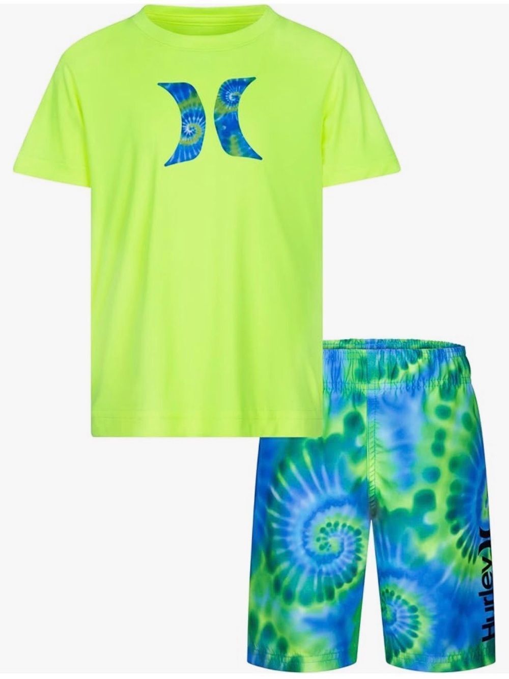 Hurley Toddler Boys Neon Lime Tee with Blue-Green Tie-Dye Swim Shorts, 2T, NWT